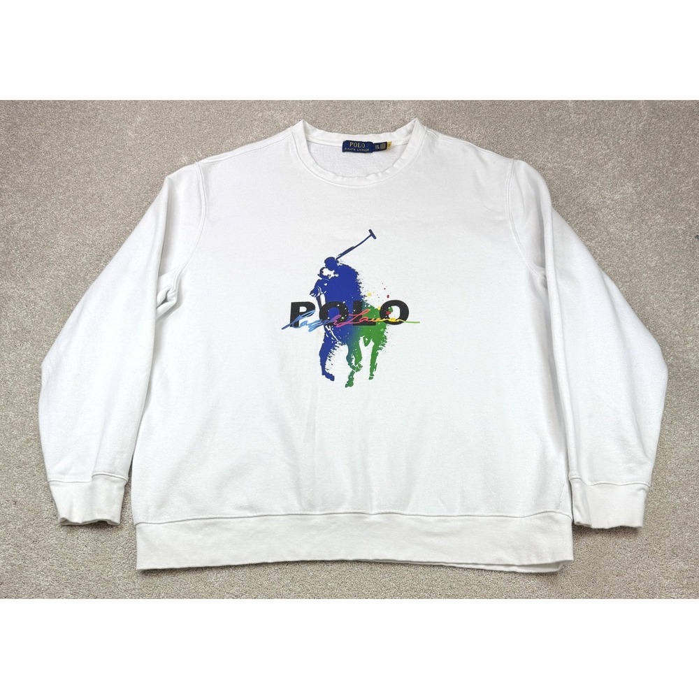 Polo Ralph Lauren Men's XXL Paint Splatter Big Pony Crewneck Sweatshirt White